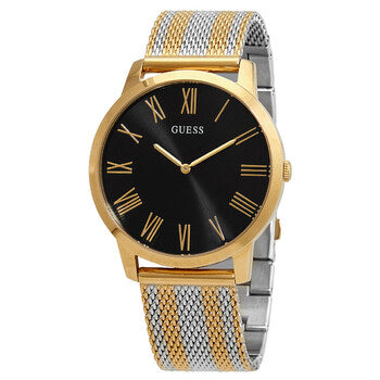 Right angled view of Guess W1179G2 men's quartz battery watch highlighting polished gold finish and classic details