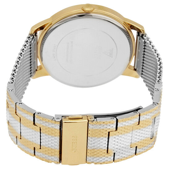 Gold-tone adjustable sliding clasp on Guess W1179G2 men's quartz battery striped mesh bracelet watch