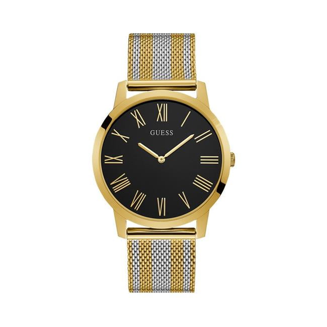 Guess W1179G2 men's quartz battery watch with black dial, roman numerals, gold case, gold and silver striped stainless steel mesh bracelet main view