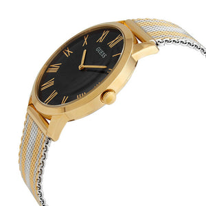 Side profile of Guess W1179G2 men's quartz battery watch showing 10mm thickness and polished gold finish