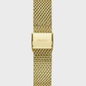 Gold-tone adjustable sliding clasp on Guess Richmond W1263G2 men's quartz battery gold mesh bracelet watch