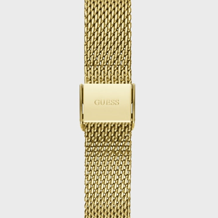 Gold-tone adjustable sliding clasp on Guess Richmond W1263G2 men's quartz battery gold mesh bracelet watch