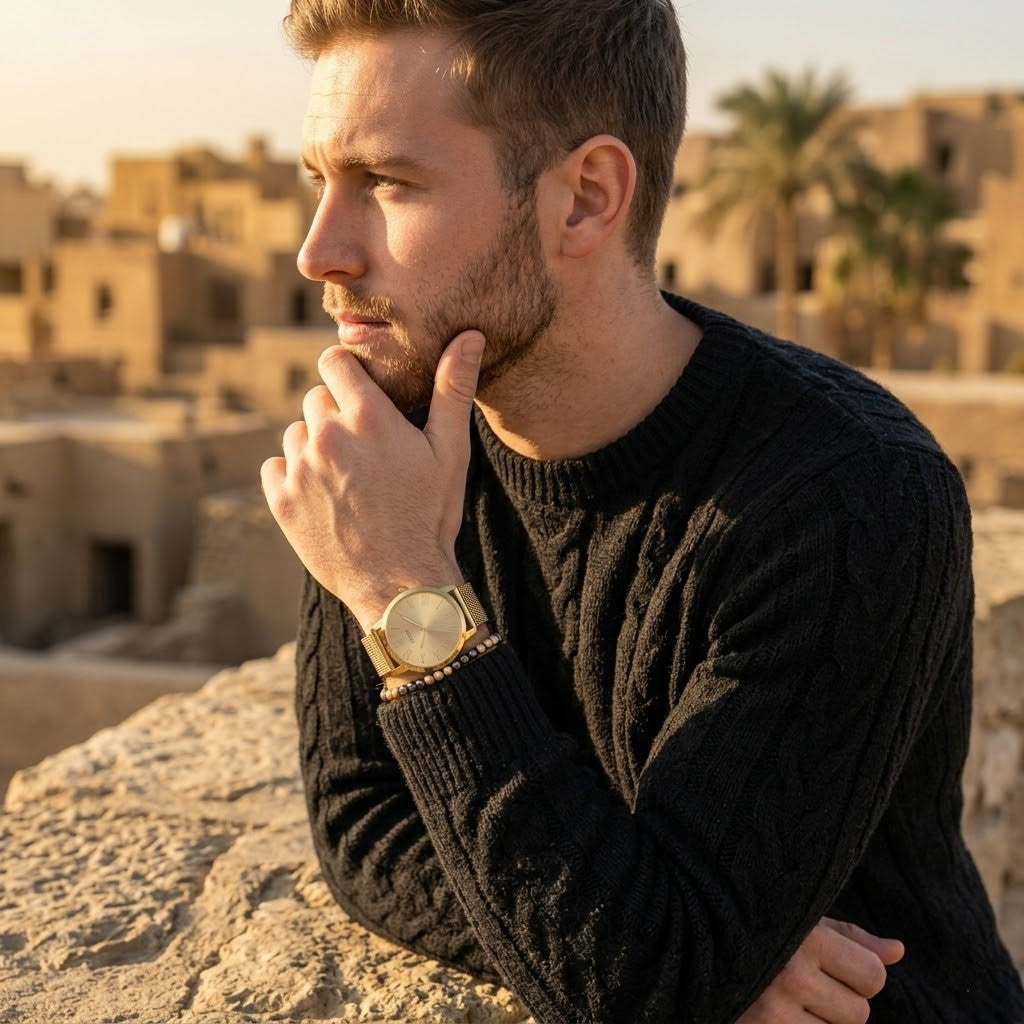 Elegant man wearing Guess Richmond W1263G2 men's quartz battery watch with gold case and luxury gold mesh bracelet