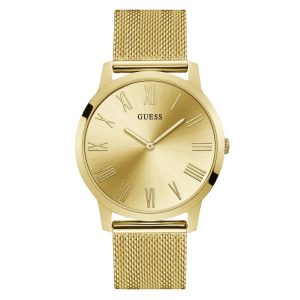 Guess Richmond W1263G2 men's quartz battery watch with gold dial, roman numerals, gold case, gold stainless steel mesh bracelet main view