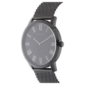Right angled view of Guess Richmond W1263G3 men's quartz battery watch highlighting polished black finish and classic details