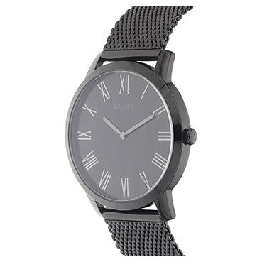 Right angled view of Guess Richmond W1263G3 men's quartz battery watch highlighting polished black finish and classic details