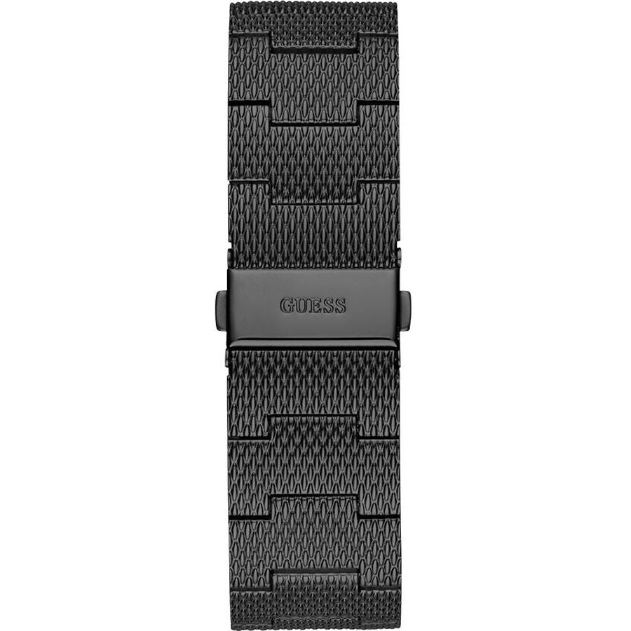 Black-tone adjustable sliding clasp on Guess Richmond W1263G3 men's quartz battery black mesh bracelet watch