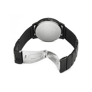 Black-tone adjustable sliding clasp on Guess Richmond W1263G3 men's quartz battery black mesh bracelet watch