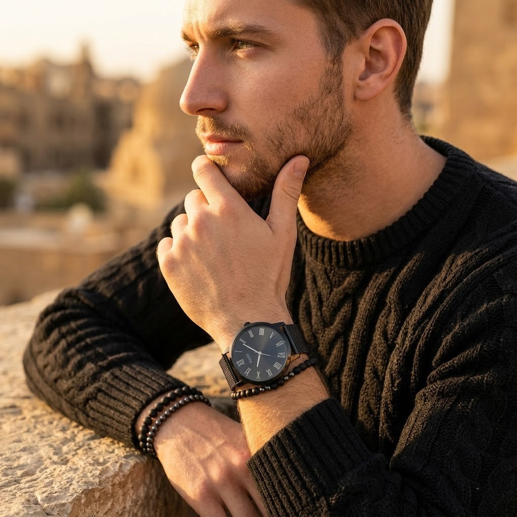 Elegant man wearing Guess Richmond W1263G3 men's quartz battery watch with black case and luxury black mesh bracelet