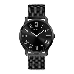 Guess Richmond W1263G3 men's quartz battery watch with black dial, roman numerals, black case, black stainless steel mesh bracelet main view