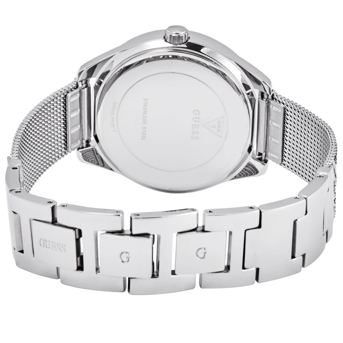 Caseback of Guess Claudia W1279L1 women's quartz battery watch showing technical specs 30m water resistance and stainless steel material