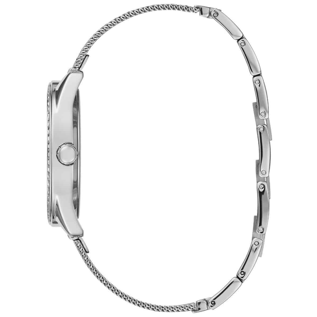 Detailed view of silver-tone minimalist crown on Guess Claudia W1279L1 women's quartz battery watch