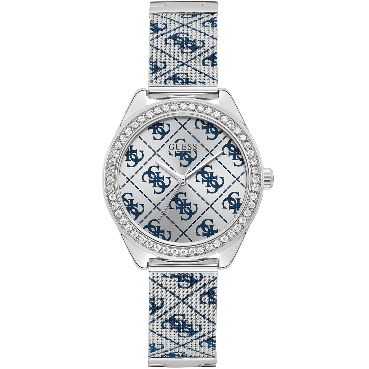 Guess Claudia W1279L1 women's quartz battery watch with silver 4G logo dial, silver case with crystal bezel, printed silver stainless steel mesh bracelet main view