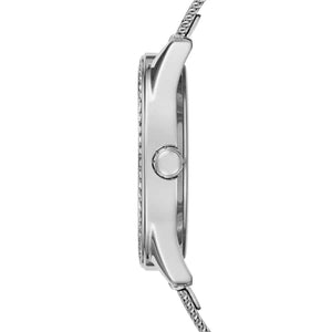 Side profile of Guess Claudia W1279L1 women's quartz battery watch showing 9mm thickness and polished silver finish