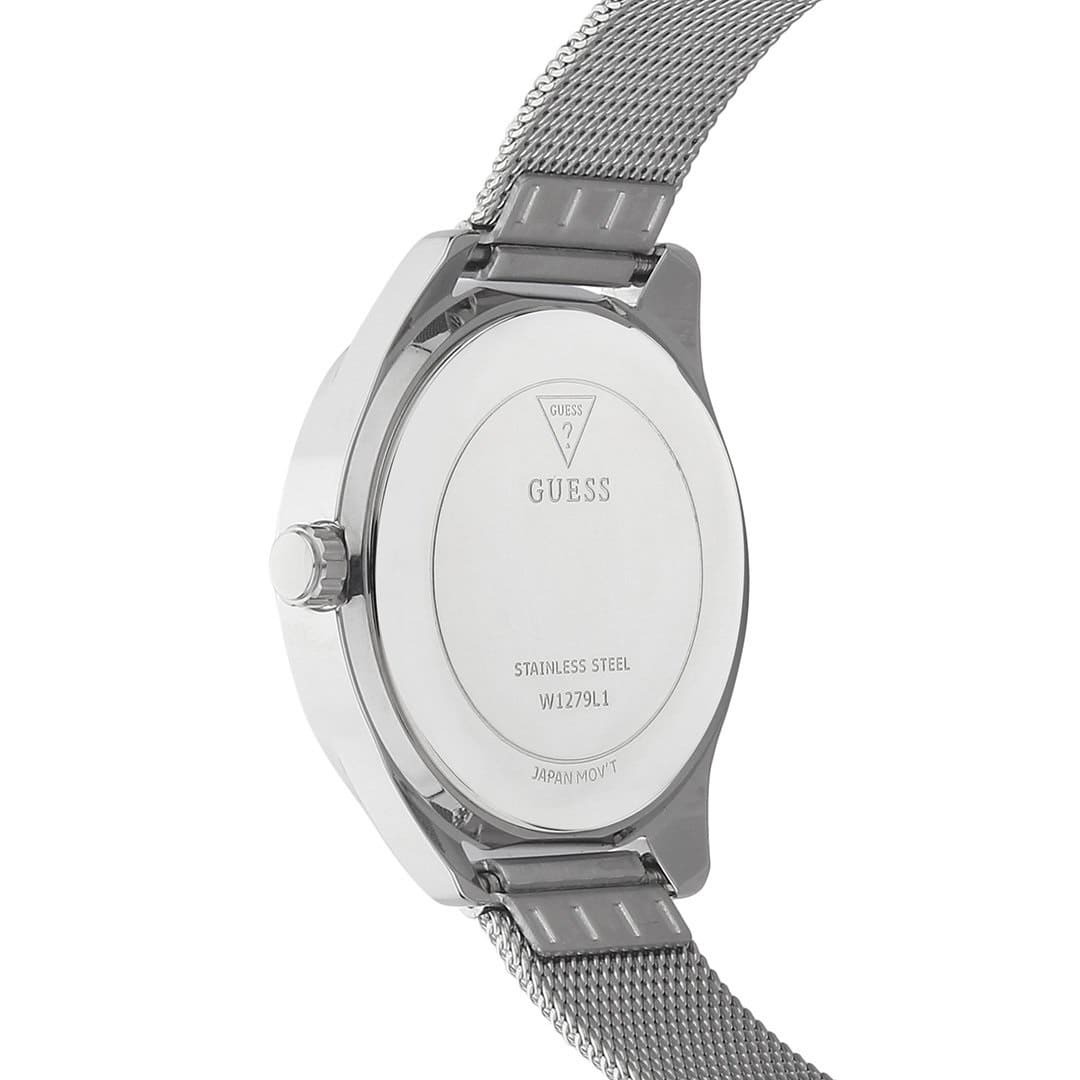 Caseback of Guess Claudia W1279L1 women's quartz battery watch showing technical specs 30m water resistance and stainless steel material