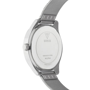 Caseback of Guess Claudia W1279L1 women's quartz battery watch showing technical specs 30m water resistance and stainless steel material
