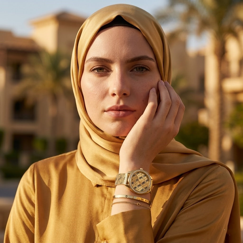 Elegant woman wearing Guess Claudia W1279L2 women's quartz battery watch with gold case and luxury printed mesh bracelet