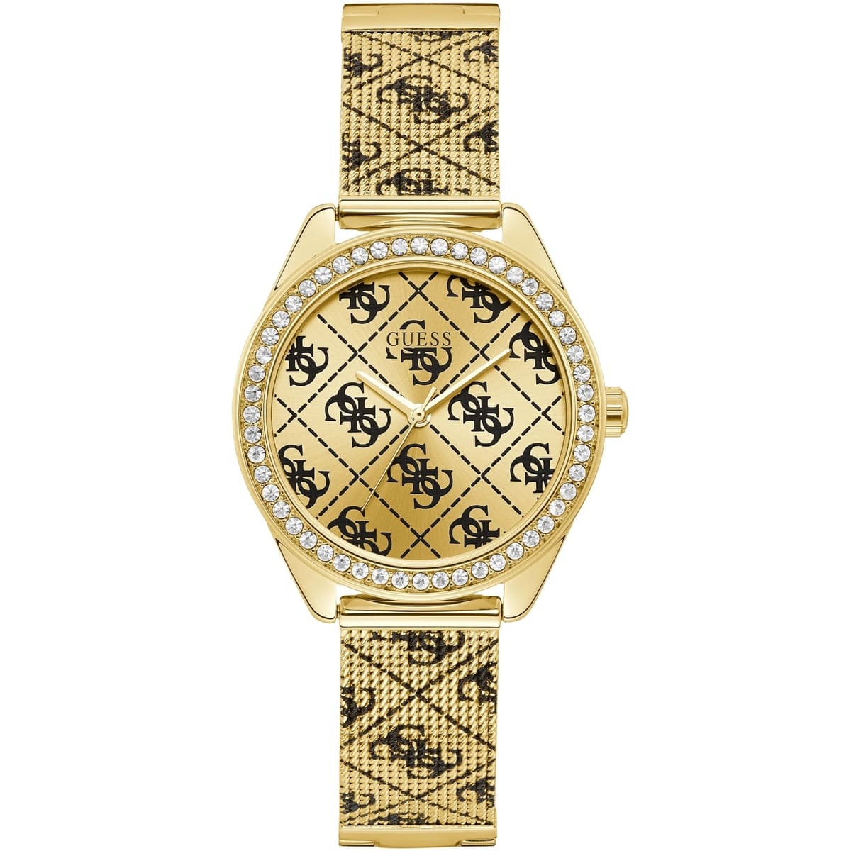 Guess Claudia W1279L2 women's quartz battery watch with gold 4G logo dial, gold case with crystal bezel, printed gold stainless steel mesh bracelet main view
