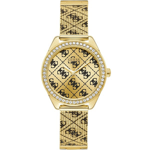 Guess Claudia W1279L2 women's quartz battery watch with gold 4G logo dial, gold case with crystal bezel, printed gold stainless steel mesh bracelet main view