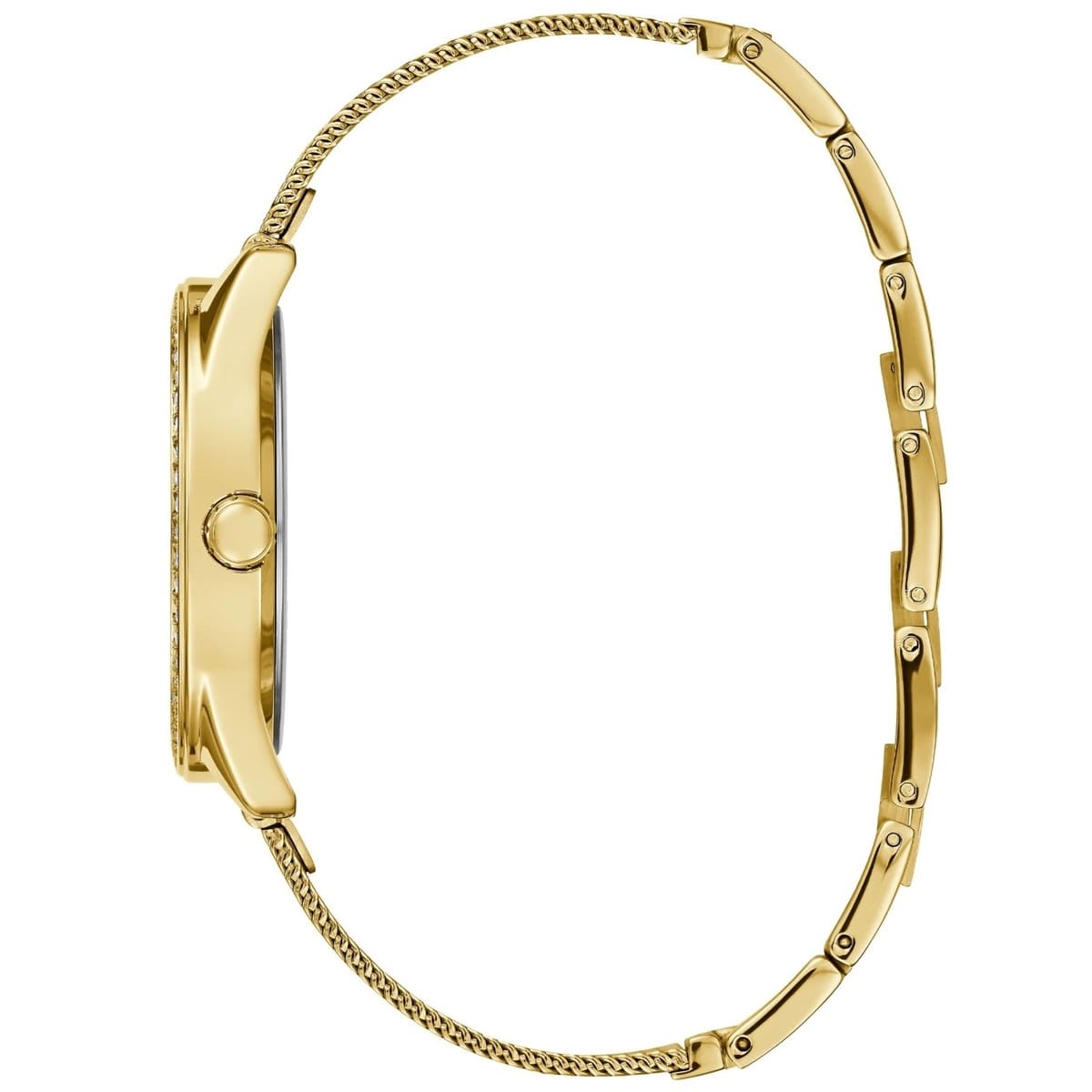 Side profile of Guess Claudia W1279L2 women's quartz battery watch showing 9mm thickness and polished gold finish