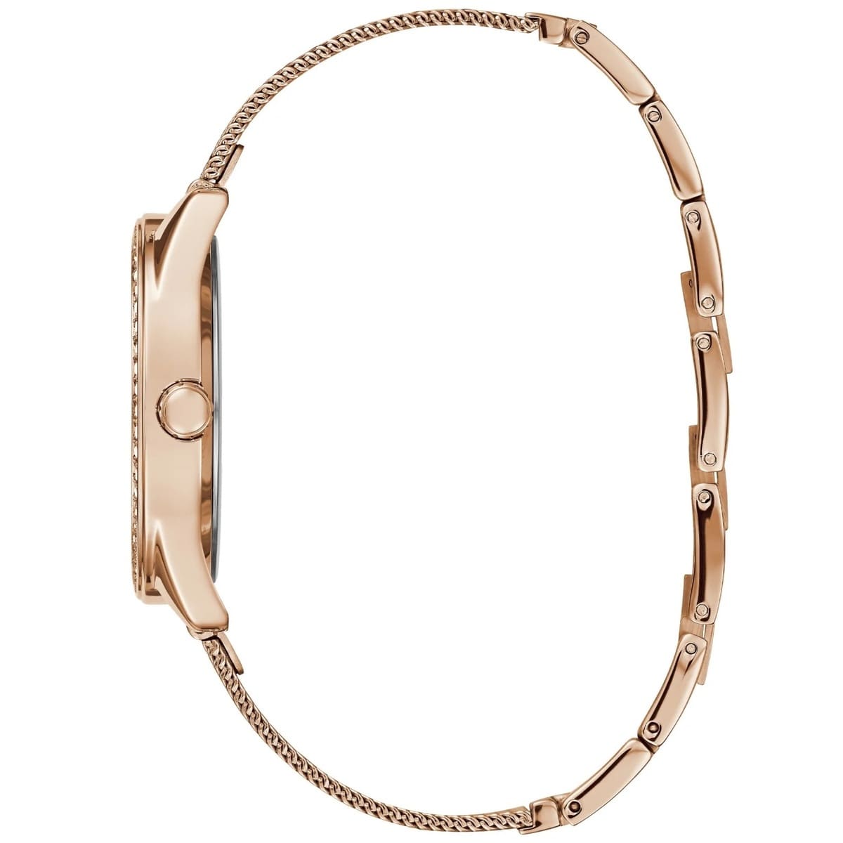 Left angled view of Guess Claudia W1279L3 women's quartz battery watch showing printed rose gold mesh strap and sleek case profile