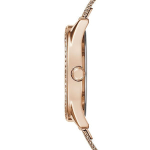 Side profile of Guess Claudia W1279L3 women's quartz battery watch showing 9mm thickness and polished rose gold finish