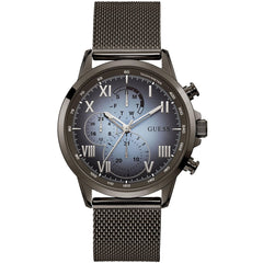 Front view of Guess Porter W1310G3 watch with blue dial and black metal mesh strap
