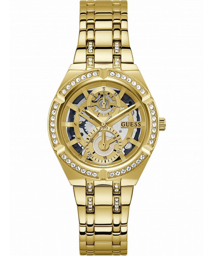 Guess Allara GW0604L2 women's watch - transparent skeleton dial gold steel strap