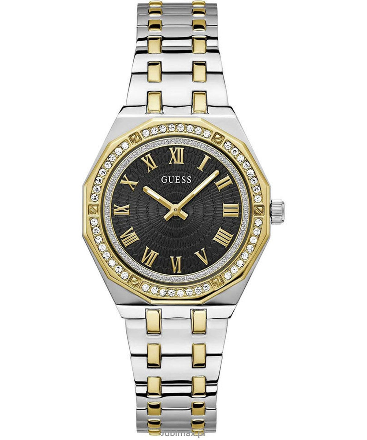 A Guess women's two-tone stainless steel and gold watch with a black dial, Roman numeral hour markers, a crystal-encrusted bezel, and a matching two-tone link bracelet.