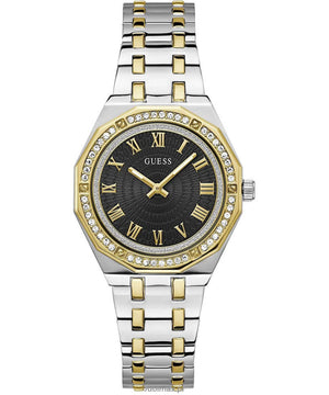 A Guess women's two-tone stainless steel and gold watch with a black dial, Roman numeral hour markers, a crystal-encrusted bezel, and a matching two-tone link bracelet.