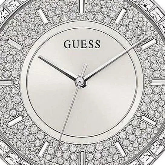 Close up shot of Guess GW0402L1 on wrist showing the silver glitz dial and baguette crystal bezel