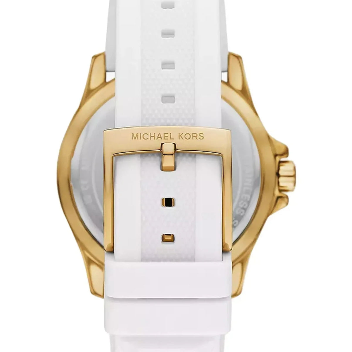 Michael Kors women's watch shown from the back, featuring a white textured silicone strap and a gold-tone case with a gold buckle.
