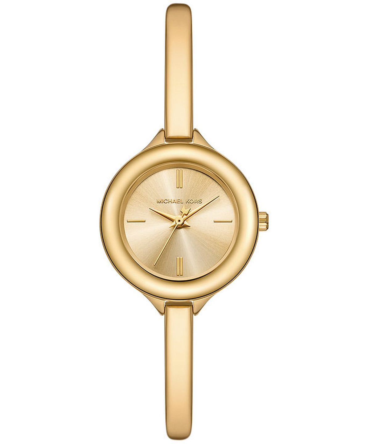 Michael Kors gold-tone bangle watch with a round bezel, matching gold dial, and integrated bracelet on a white background.