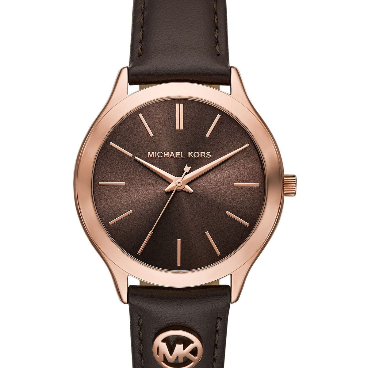 Michael Kors analog watch with a dark brown dial, rose gold case, and dark brown leather strap featuring a gold-tone MK logo at the bottom.