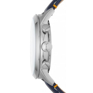Side profile of a silver stainless steel watch with a dark blue strap featuring yellow stitching and accents, shown against a plain white background.
