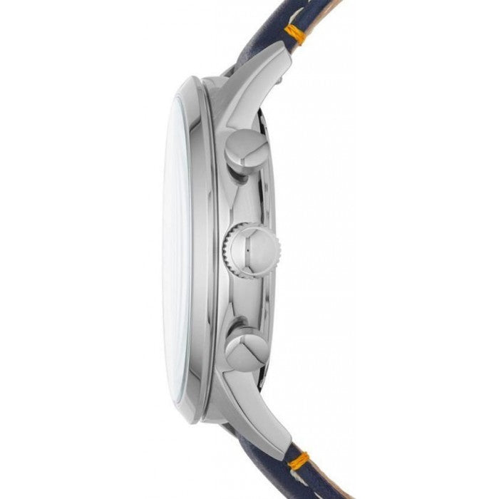 Side profile of a silver stainless steel watch with a dark blue strap featuring yellow stitching and accents, shown against a plain white background.